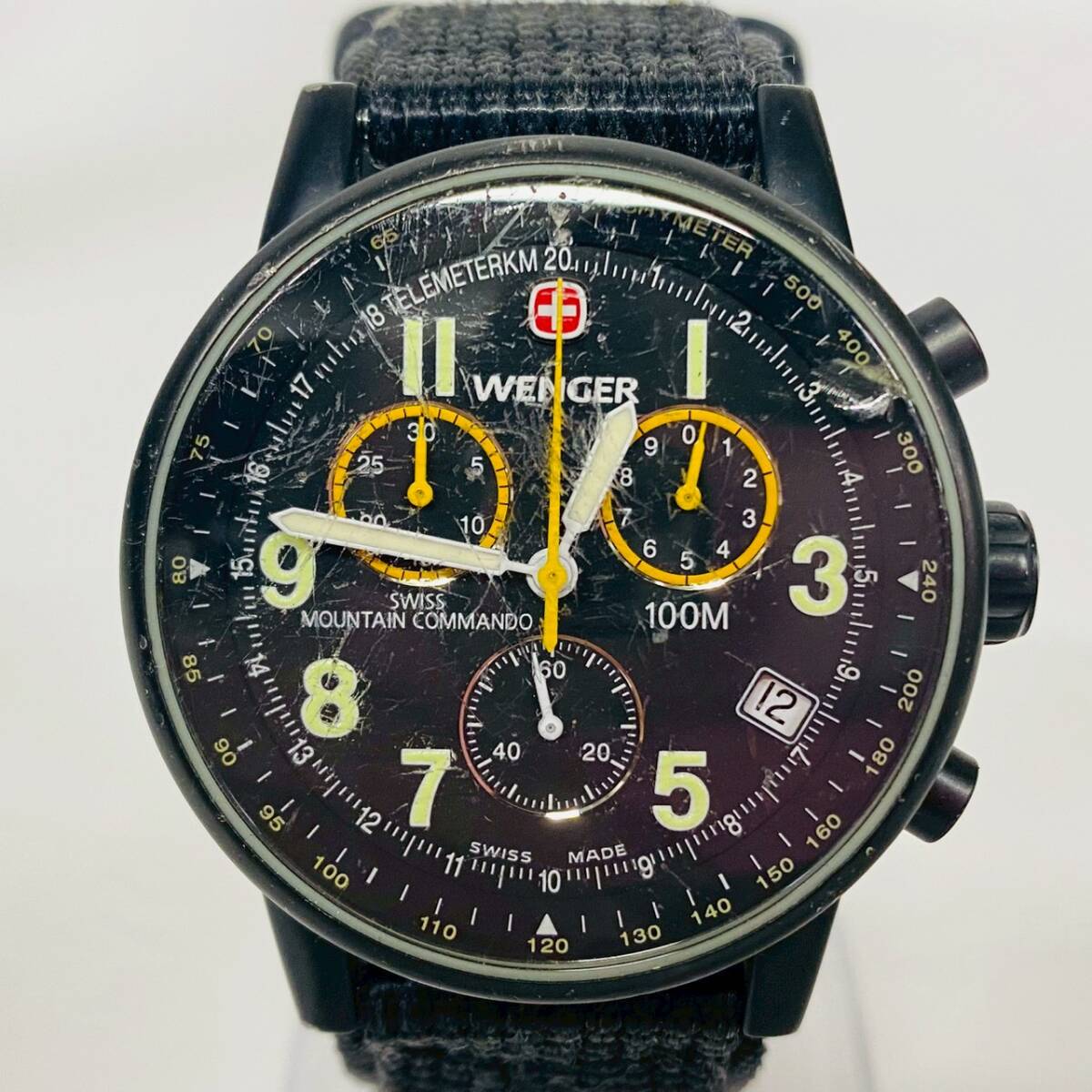 1円~【実動】ウェンガー WENGER 7072X クォーツ メンズ腕時計 ブラック文字盤 クロノグラフ デイト K163148拍卖