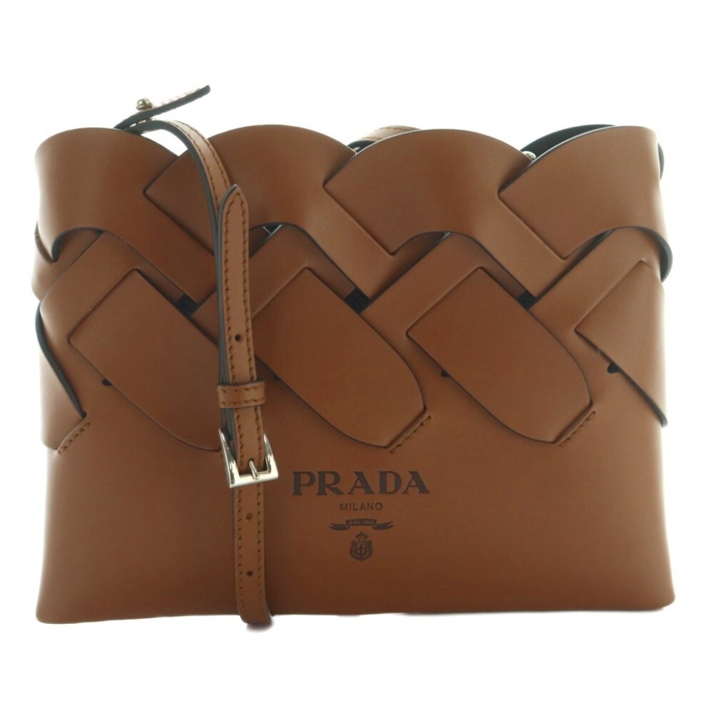 プラダ PRADA トレス 編み込み ミニショルダーバッグ スクエア レザー 茶 ブラウン /AQ ■OS ■OH レディース拍卖
