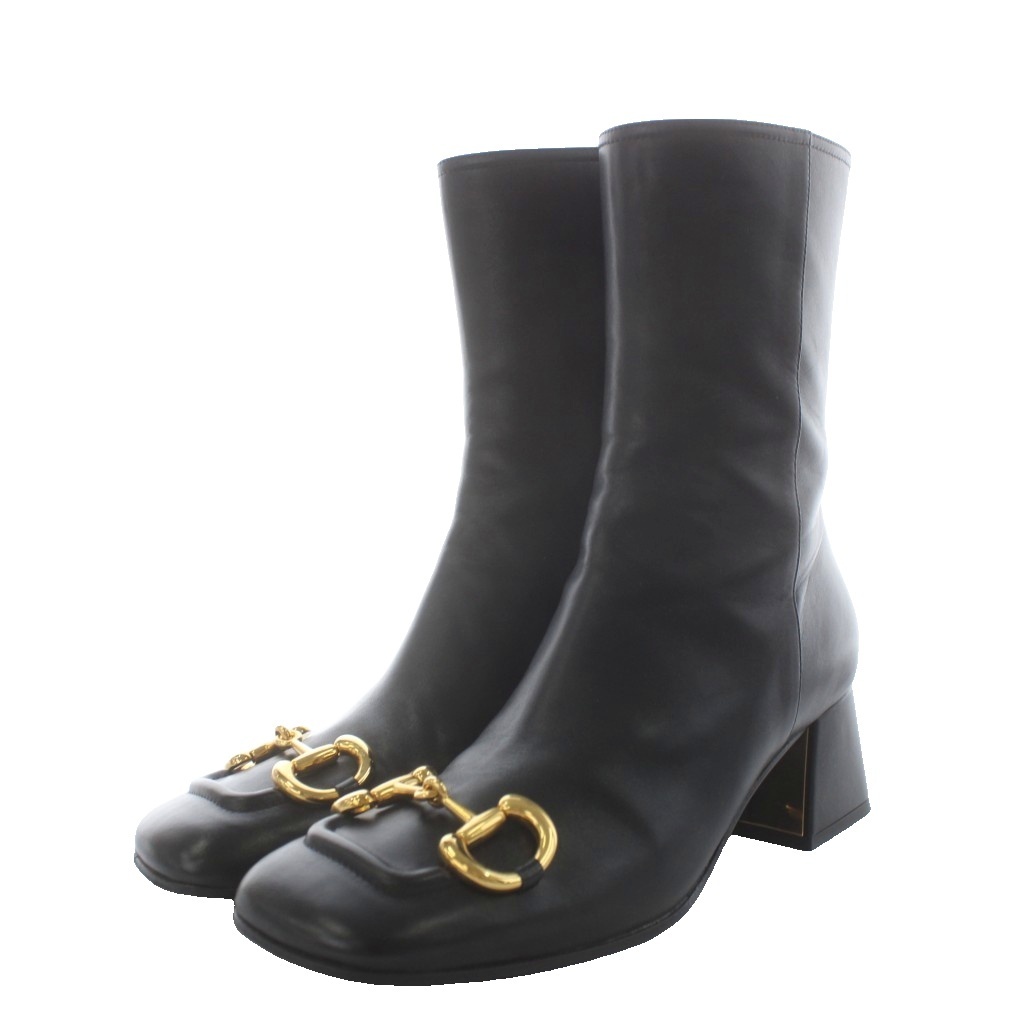 グッチ GUCCI ホースビット ミッドヒール スクエアトゥ レザー 37 黒 ブラック 643888 /AN24 レディース拍卖