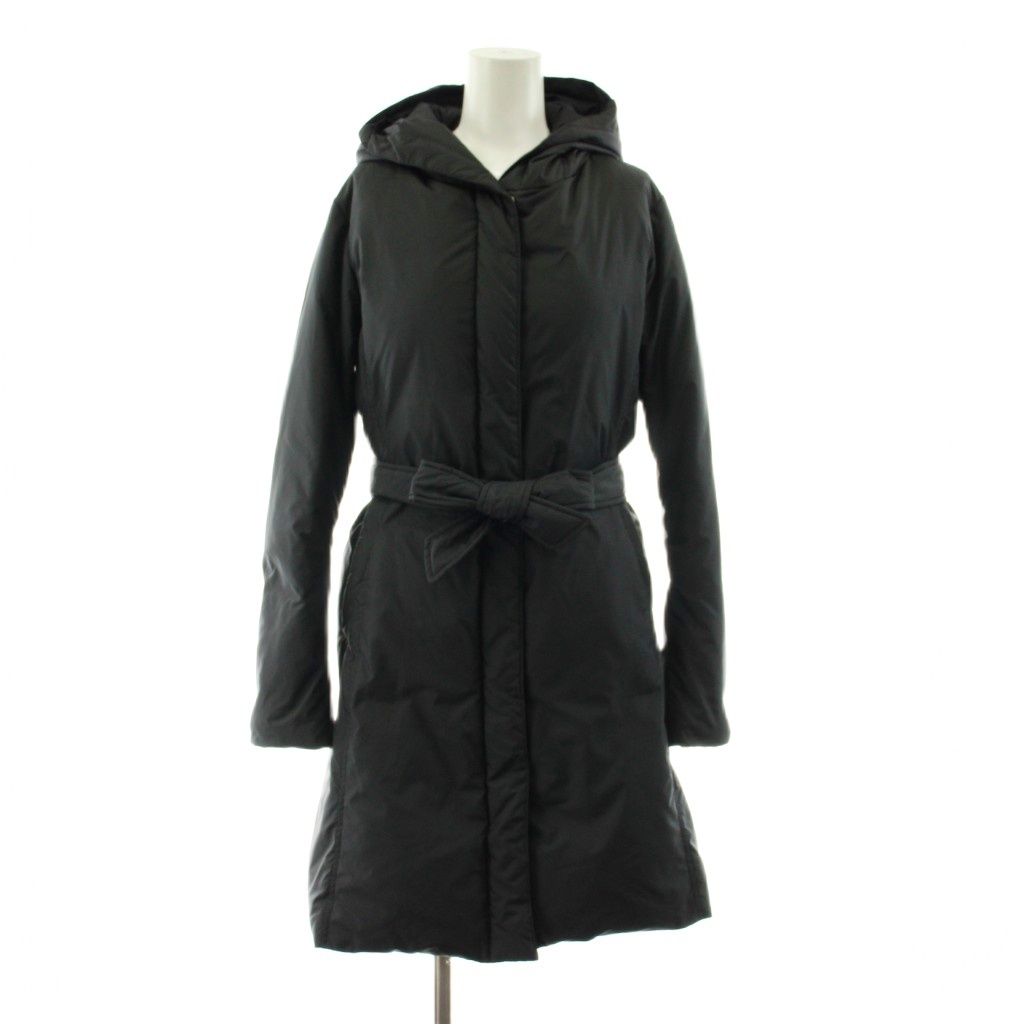 ユニクロ UNIQLO ダウンコート ロング フード ジップアップ ベルト付き M 黒 ブラック 217-080578 /KU ■ECD001 レディース拍卖
