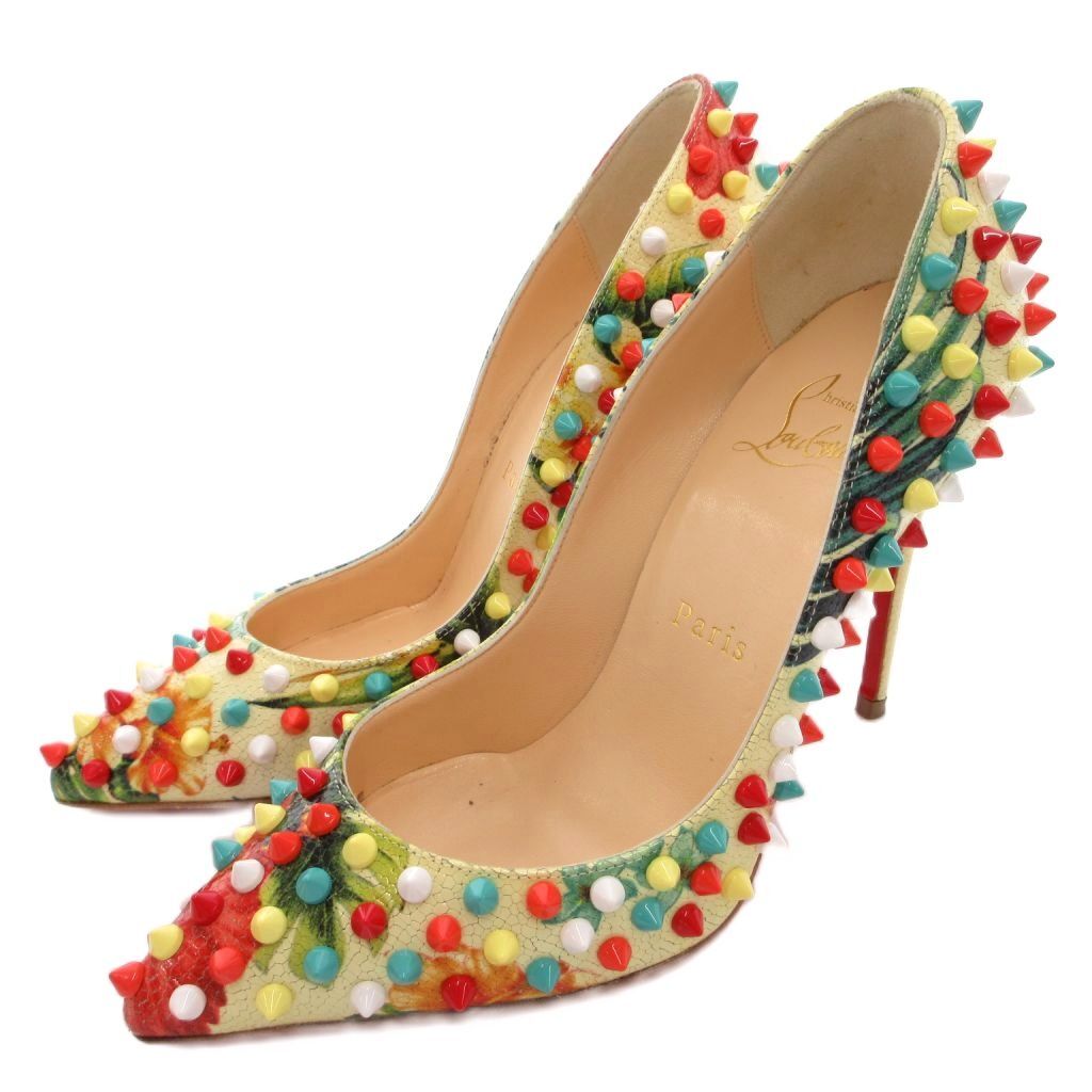 クリスチャンルブタン Christian louboutin スパイクスタッズパンプス ピンヒール クラック加工 35 マルチカラー /YJ ■GY62拍卖