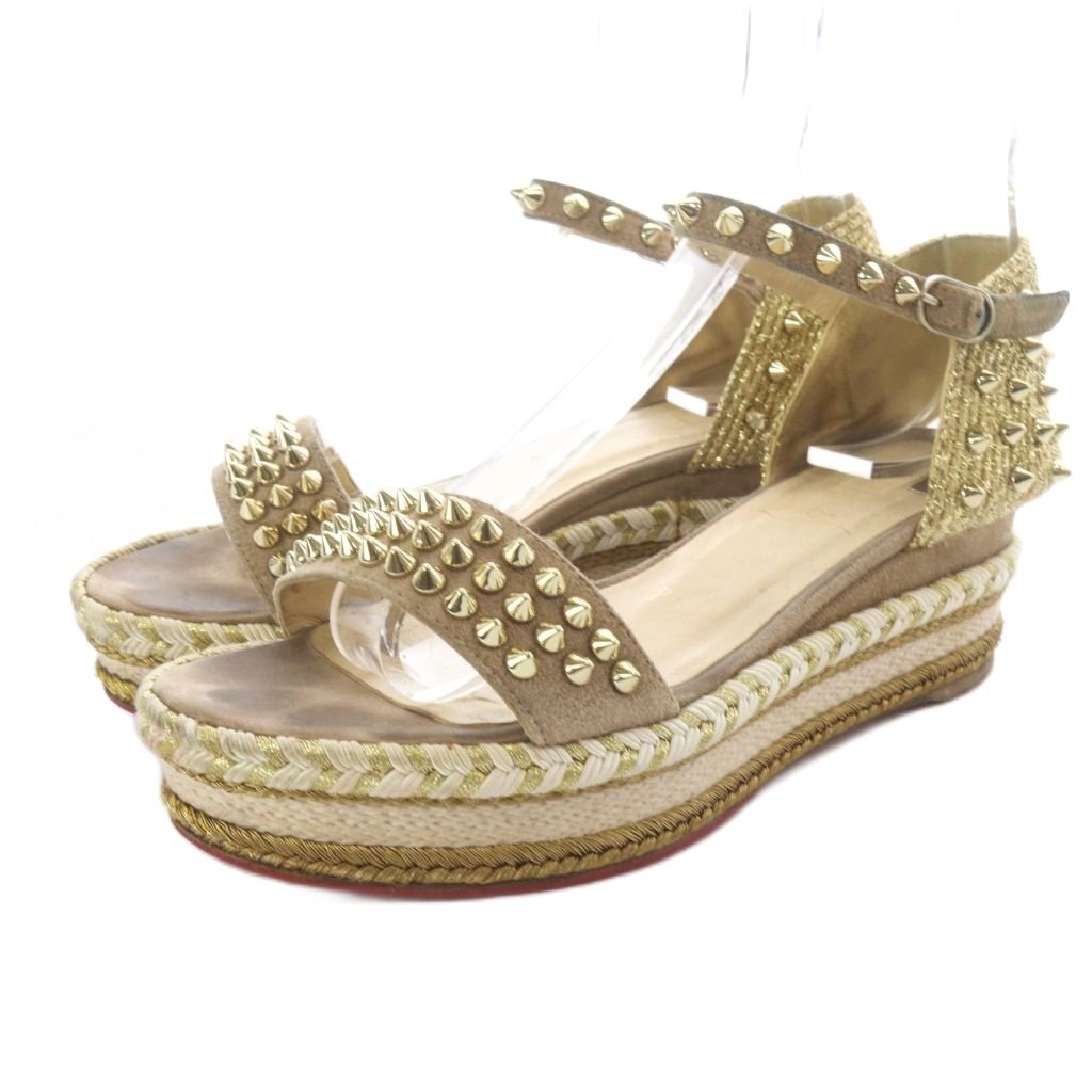 クリスチャンルブタン Christian louboutin スタッズ エスパドリーユ パンプス ストラップ 35 ゴールド色 /SR ■GY62 レディース拍卖
