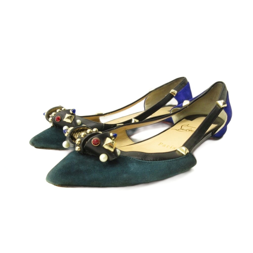クリスチャンルブタン Christian louboutin フラットパンプス シューズ スタッズ リボン スエード 35 22.0cm マルチカラー ■MNK6拍卖