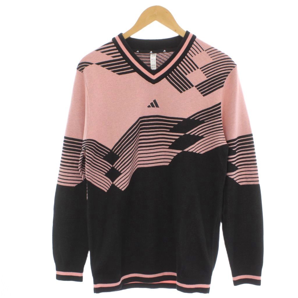 アディダス adidas ニット セーター ウール M ピンク 黒 ブラック Vネック 長袖 ストライプ柄 /GP ■GY18 レディース拍卖