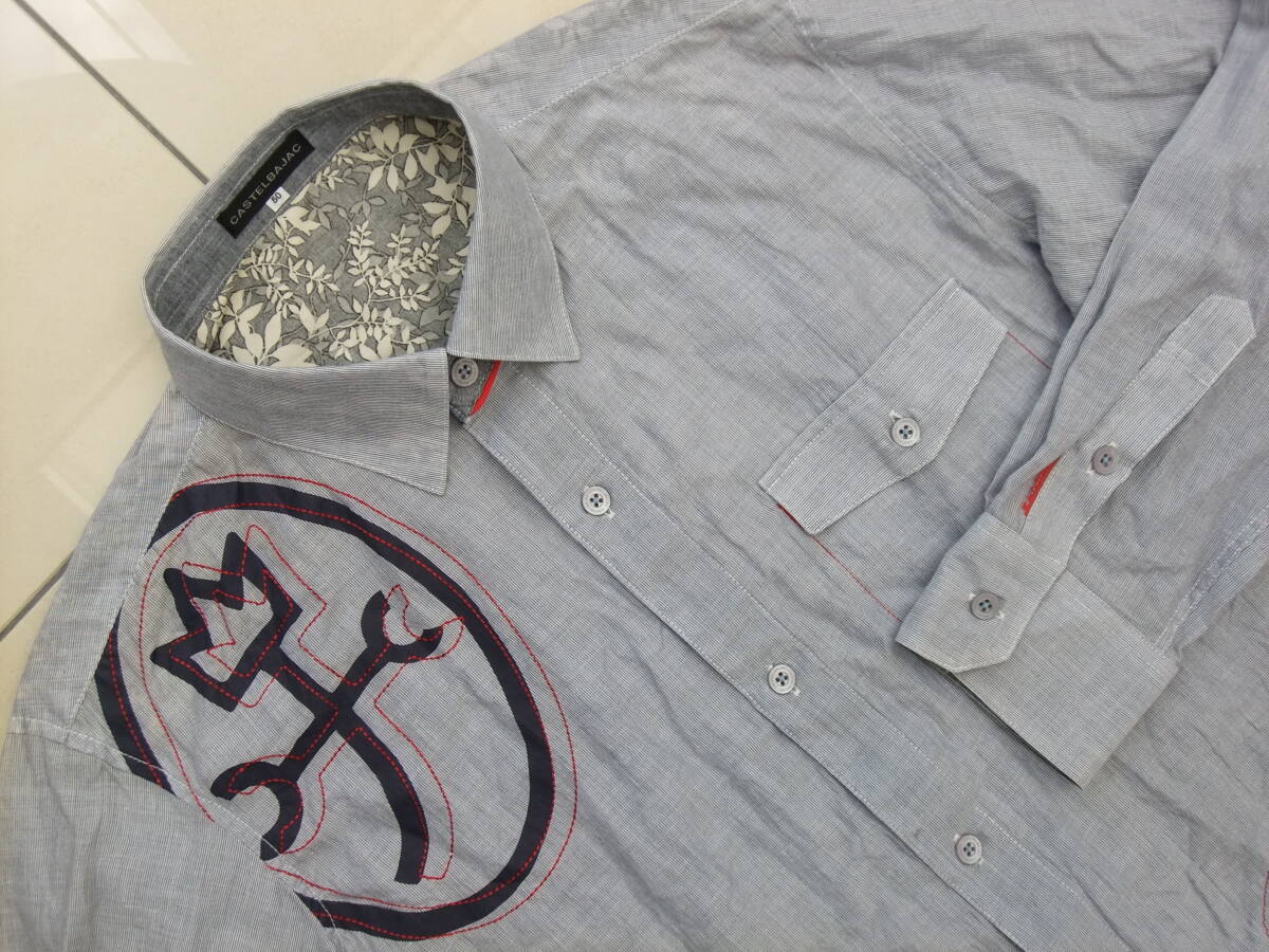 CASTELBAJAC カステルバジャック◆50◆ビックロゴ刺繍&ビック文字刺繍麻混素材長袖シャツ◆㈱オッジインターナショナル 美品拍卖