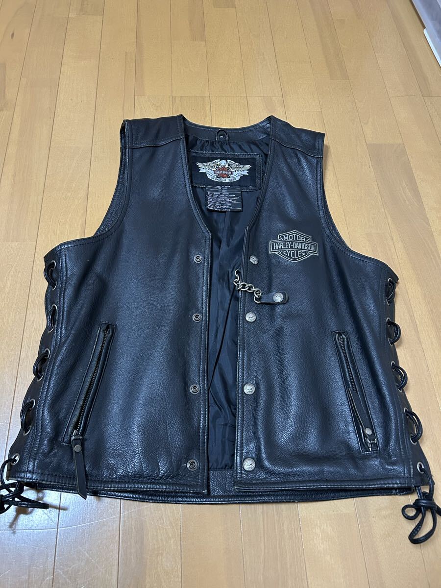 HARLEY-DAVIDSON ハーレーダビッドソン ベスト 本革 ブラック チェーン付き 美品拍卖
