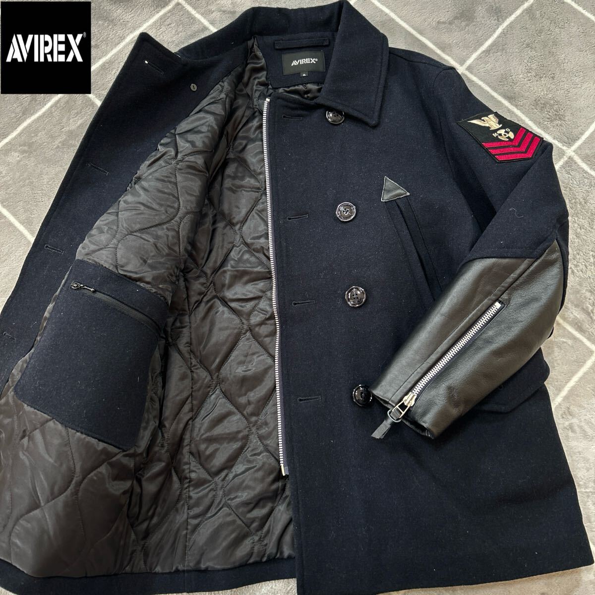 【極美品XL】幻の逸材 上野商会 AVIREX アヴィレックス レザー切替 PコートXLsize相当 限定品 牛革 バックデザイン【漂う高級感】超激レア拍卖