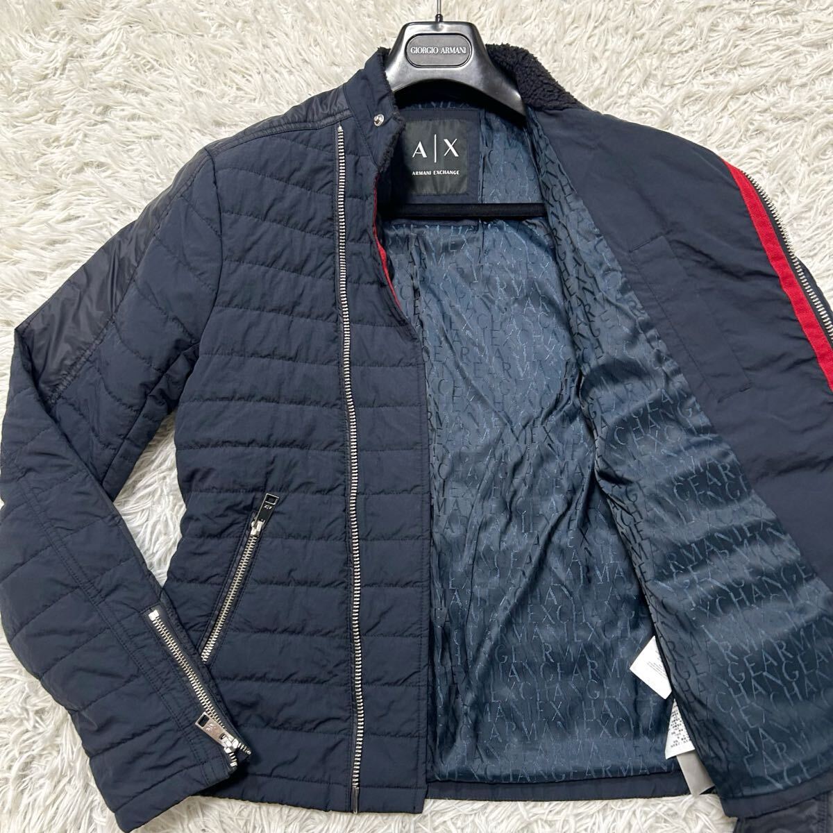 アルマーニエクスチェンジ【圧巻のロゴ総柄】ARMANI EXCHANGE ダウンジャケット アウター ライダース 中綿 ネイビー S〜M位拍卖