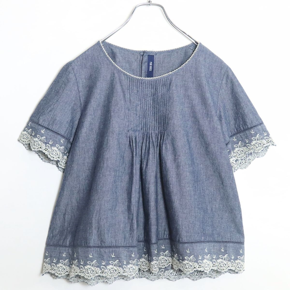 【美品!】ピンクハウス★半袖カットソー 後開き ピコレース 薔薇レース 刺しゅう ピンタック風 ギャザー ブルー系 z18679拍卖