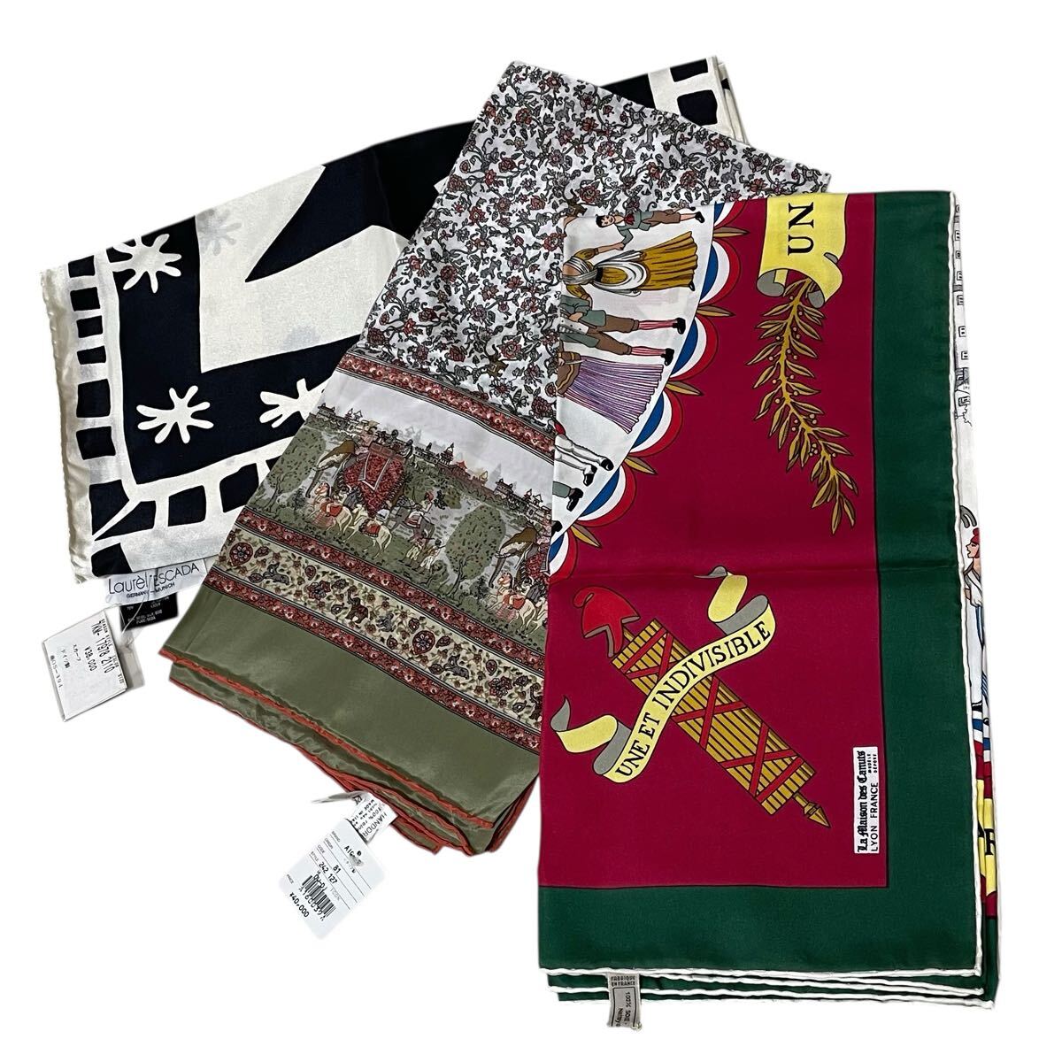 タグ付きスカーフ3枚セット Laurel ESCADA AIGNER アイグナー リヨンカニュ博物館製フランス革命200周年記念シルク リヨン限定デザイン拍卖