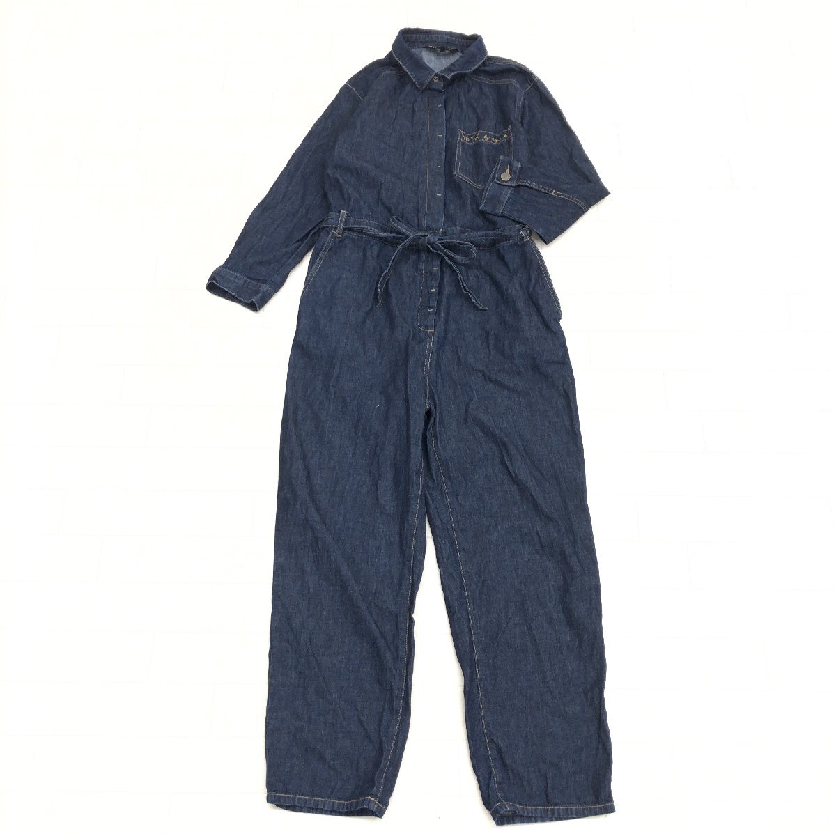 ●To b. by agnes b. アニエスベー 定価30,800円 シャンブレー デニム コンビネゾン 38(M) インディゴ オールインワン つなぎ サロペット拍卖