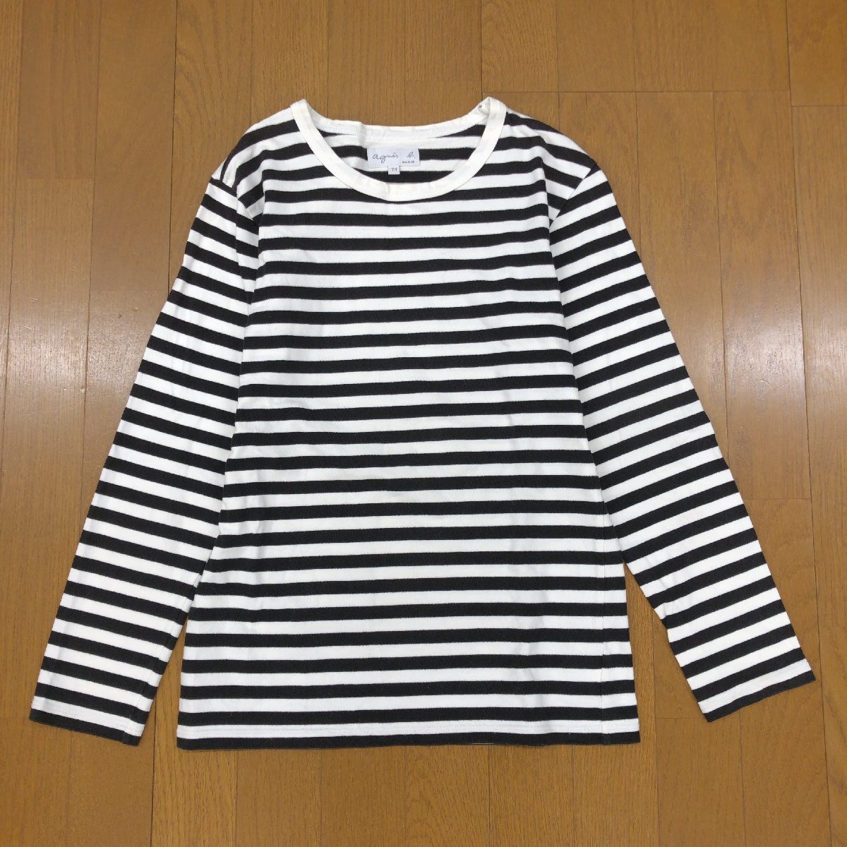 agnes b. アニエスベー 定価14,300円 定番 細ボーダー コットン 長袖 Tシャツ T1(S) 黒×白 ブラック ホワイト ロンT 日本製 レディース拍卖