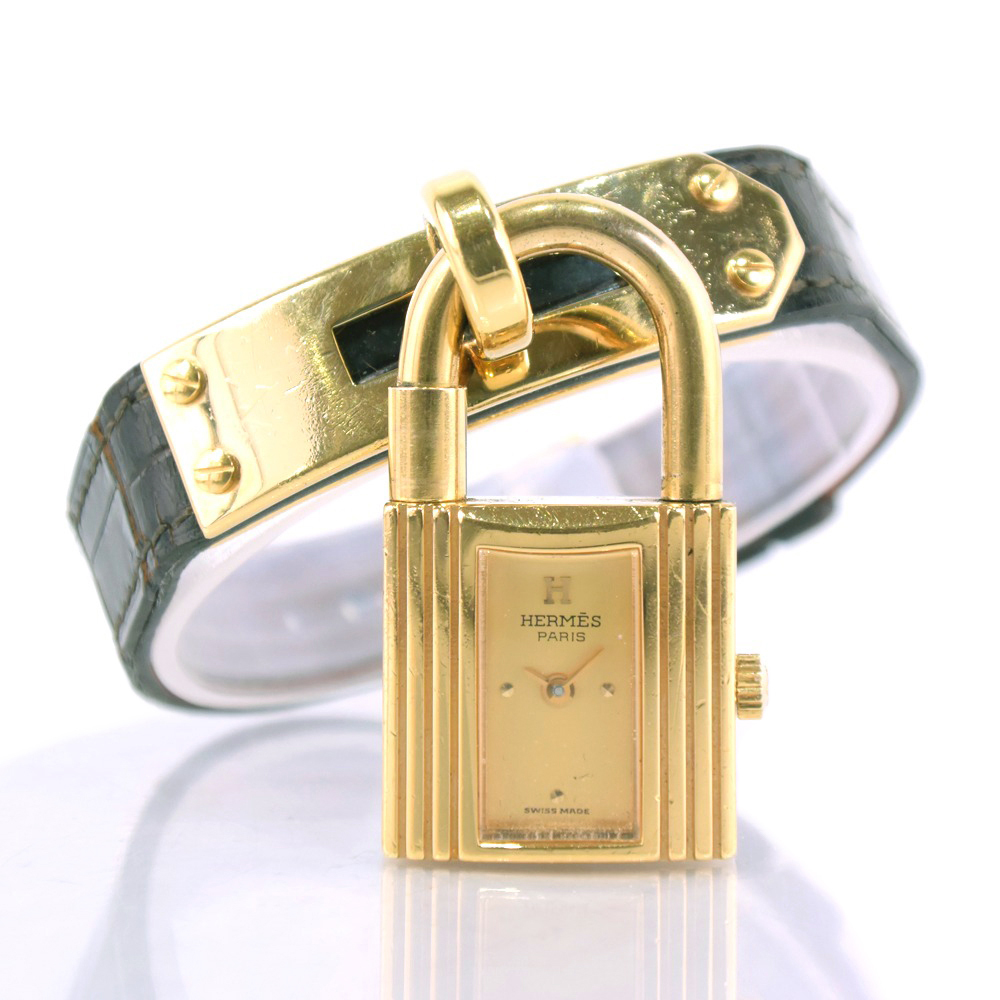 HERMES エルメス ケリーウォッチ 〇S 腕時計 クロコ×金メッキ 黒 クオーツ レディース ゴールド文字盤【11193001】中古拍卖
