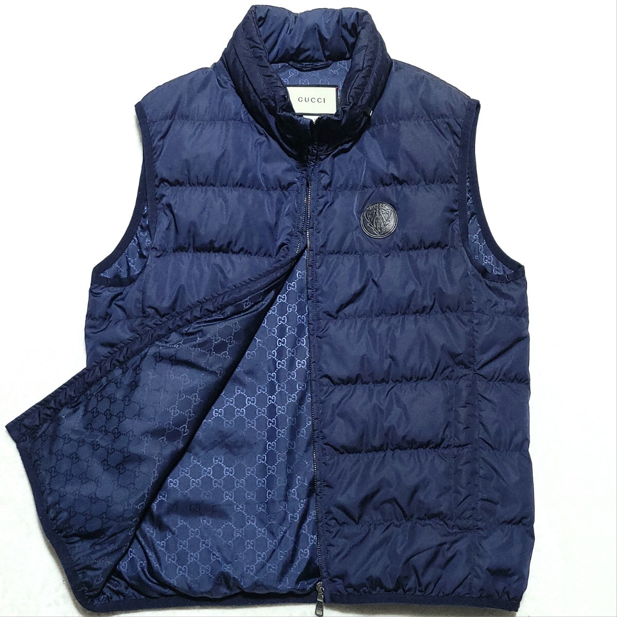 極美品/L相当/現行 GUCCI ダウンベスト ジャケット GGロゴ 総柄 キルティング グースダウン フード収納 ワッペン グッチ メンズ ブルー 青拍卖