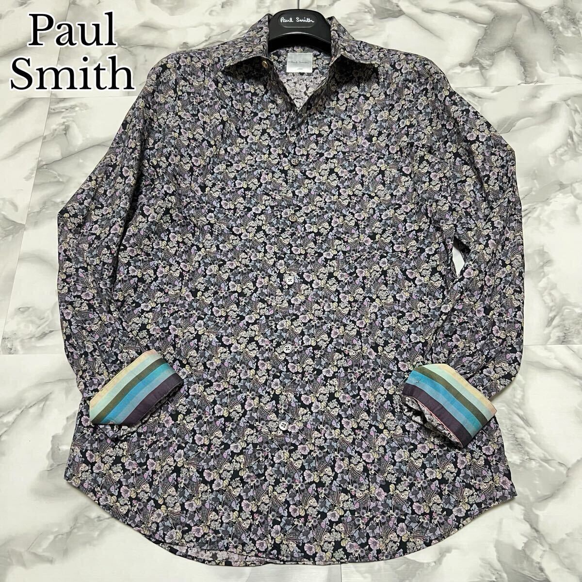 美品●希少L! ポールスミス 花柄 ドレスシャツ Paul Smith マルチストライプ フラワー ボタニカル 総柄 長袖 羽織り 現行 日本製 ブラック拍卖