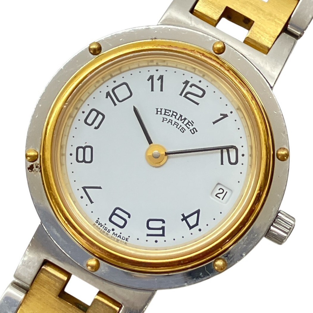 O008-CH19-1757◎ 【電池交換済/稼働】 HERMES エルメス レディース腕時計 クリッパー QUARTZ クォーツ ラウンド デイト ホワイト文字盤 KA拍卖