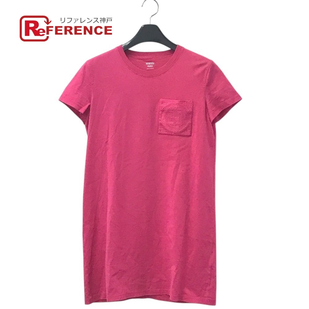 HERMES エルメス 刺繍入れ モザイク Hロゴ ポケット アパレル Tシャツワンピース ラウンドネック ワンピース ピンク レディース【中古】拍卖