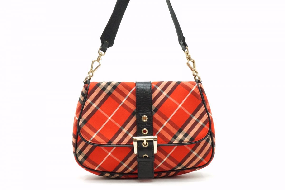 1円〜 バーバリー ワン ショルダーバッグ チェック柄 三陽商会 バックル ゴールド金具 キャンバス 赤 レッド Burberry 5885h拍卖