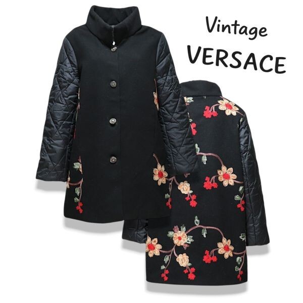 良品 ◆超レア◆ 正規品 Vintage VERSACE ヴェルサーチ フラワー エンブロイダリー キルティング 切り替え コート ブラック拍卖