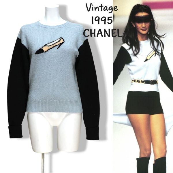 良品 ◆超レア◆ 正規品 95A Vintage CHANEL シャネル パンプス ヒール アイコン カシミヤ ニット セーター 42 ライトブルー拍卖