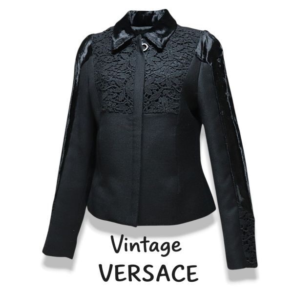 良品 ◆超レア◆ 正規品 Vintage VERSACE ヴェルサーチ フラワー エンブロイダリー ジャケット ブラック拍卖