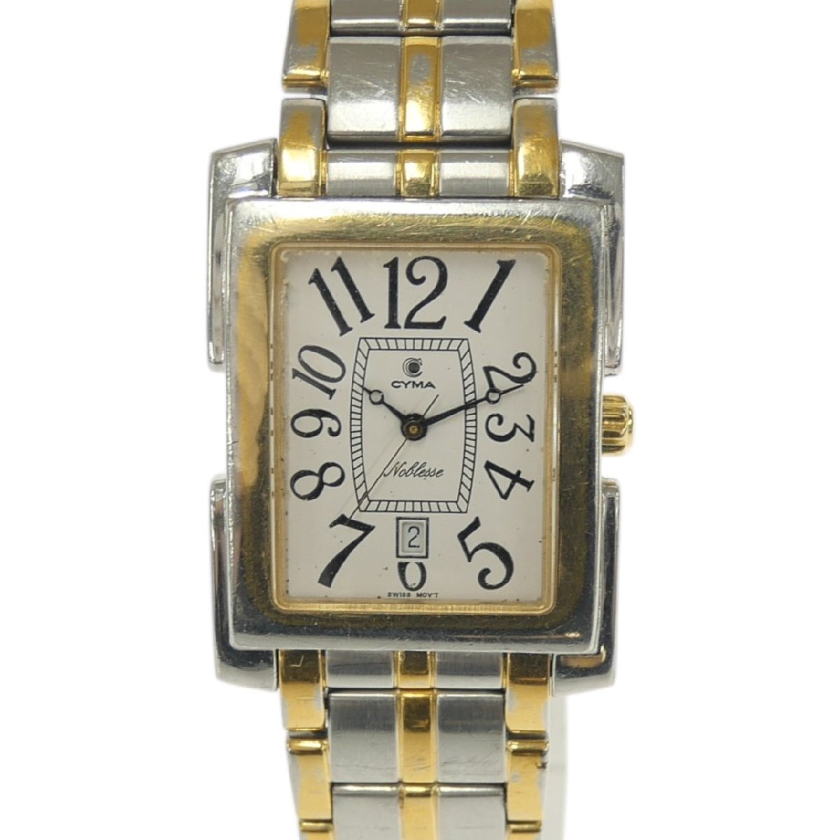 1円スタート 稼働品 CYMA シーマ Nobless ノブレス 525 クォーツ スクエアフェイス 3針 デイト コンビカラー 白文字盤 レディース 腕時計拍卖