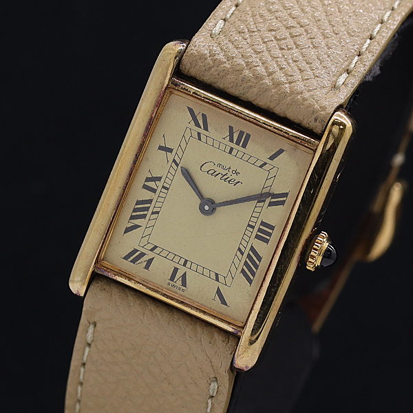 1円 稼働 良品 保付 カルティエ マストタンクLM 1974213 SV925 手巻き イエロー文字盤 レディース腕時計 0021120 3ERT KMT拍卖