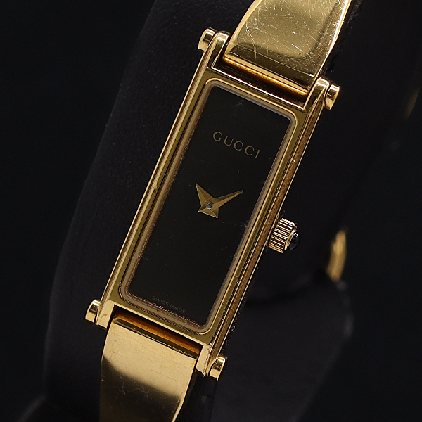 1円 稼働 良品 箱付 グッチ バングルウォッチ 1500L SS QZ ブラック文字盤 レディース腕時計 2000000 3NBG KMT拍卖