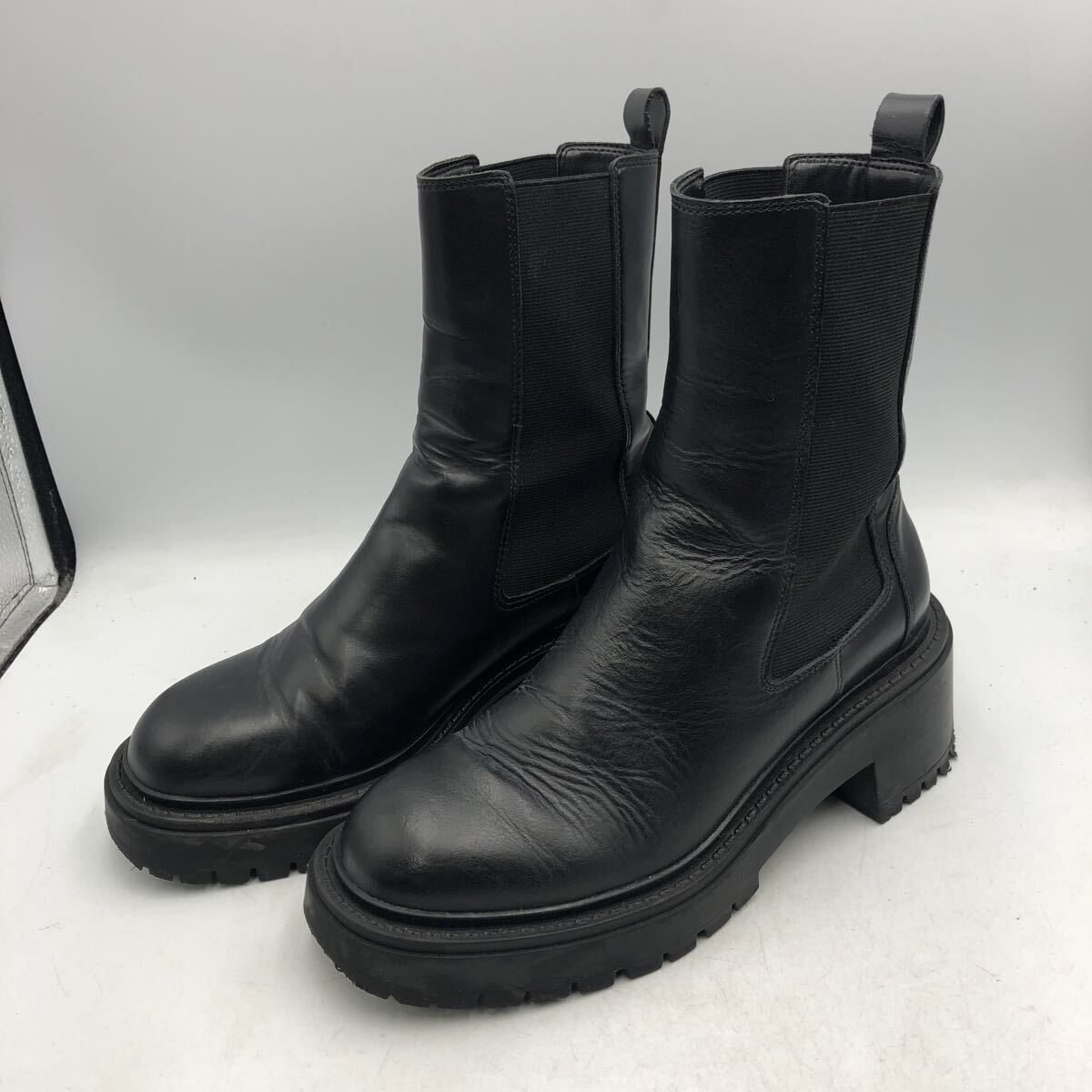Z991Y ZARA ザラ レディース サイドゴアブーツ ショートブーツ 37 約 23.5cm ブラック レザー拍卖