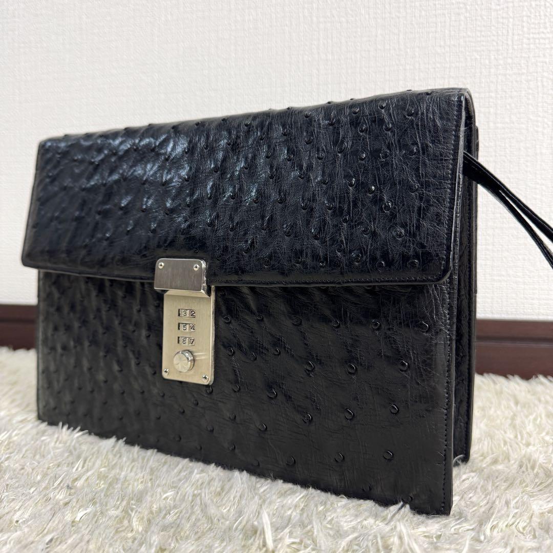 《極美品》オーストリッチレザー セカンドバッグ リストレット ハンドル ダイヤルロック 本革 駝鳥 ハンドバッグ メンズ ビジネス ブラック拍卖