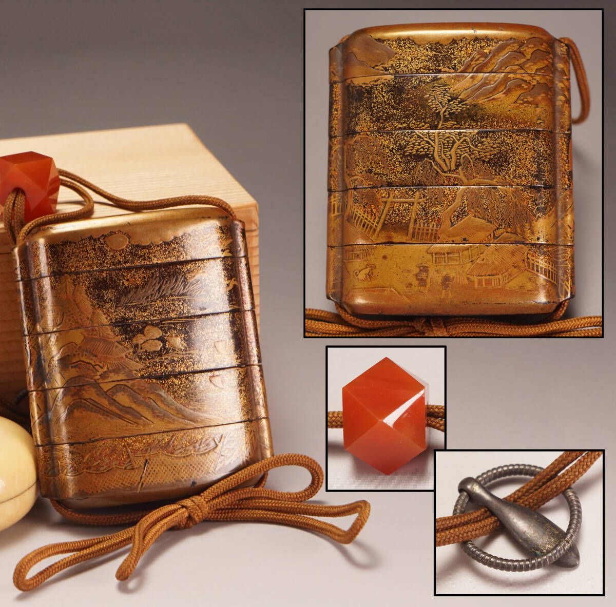 1円~【旧家整理品25】時代物 木地 蒔絵 梨地 山水人物家屋文 印籠 提げ物 箱付◆江戸期 金蒔絵 骨董品 旧家蔵出し うぶ 売り切り 古美術品拍卖