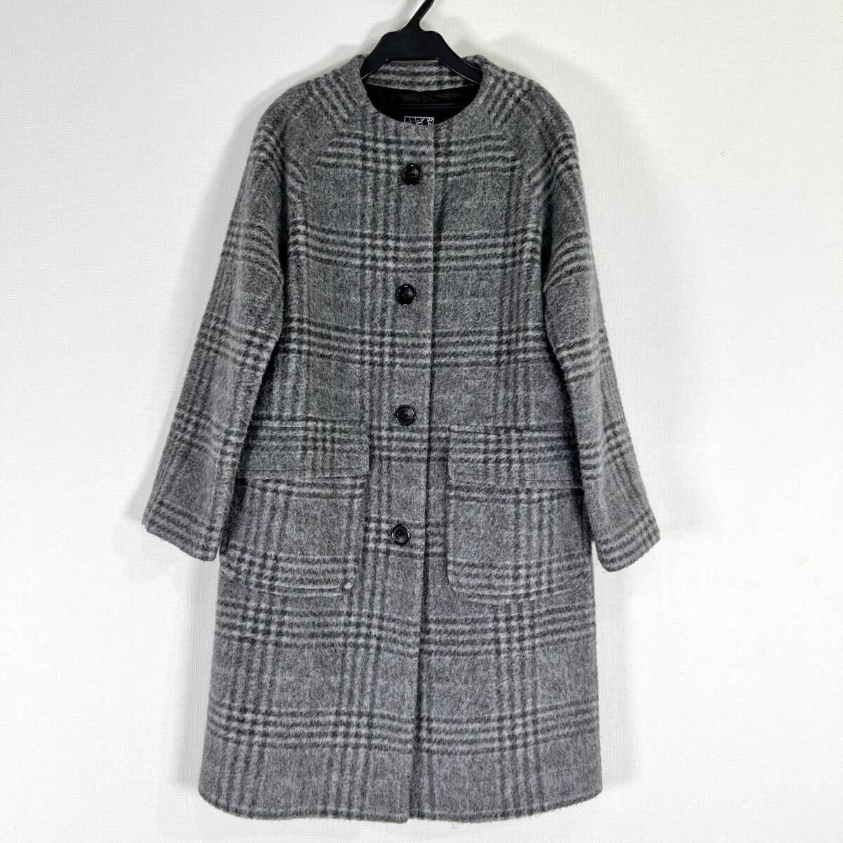 【PART2 BY JUNKO SHIMADA】パート バイ ジュンコシマダ グレー系 チェック ロングコート ノーカラー アウター レディース 13AR【c066】拍卖