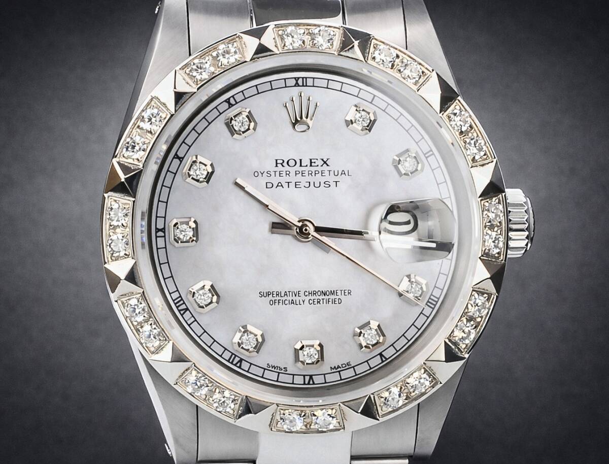 【完成品】2年保証・OH済 美品 ROLEX デイトジャスト 36mm Ref.1601 Cal.1570 後期ハック 10Pダイヤ ホワイト系拍卖