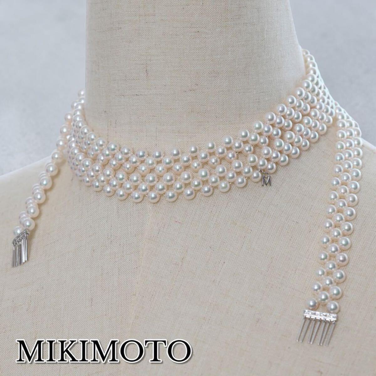 ◆1円スタート【希少品/3連編み428珠】MIKIMOTO ミキモト パール ロングネックレス K18WG 全長120㎝ 直径5.5~6mm 箱ケース付 あこや真珠拍卖