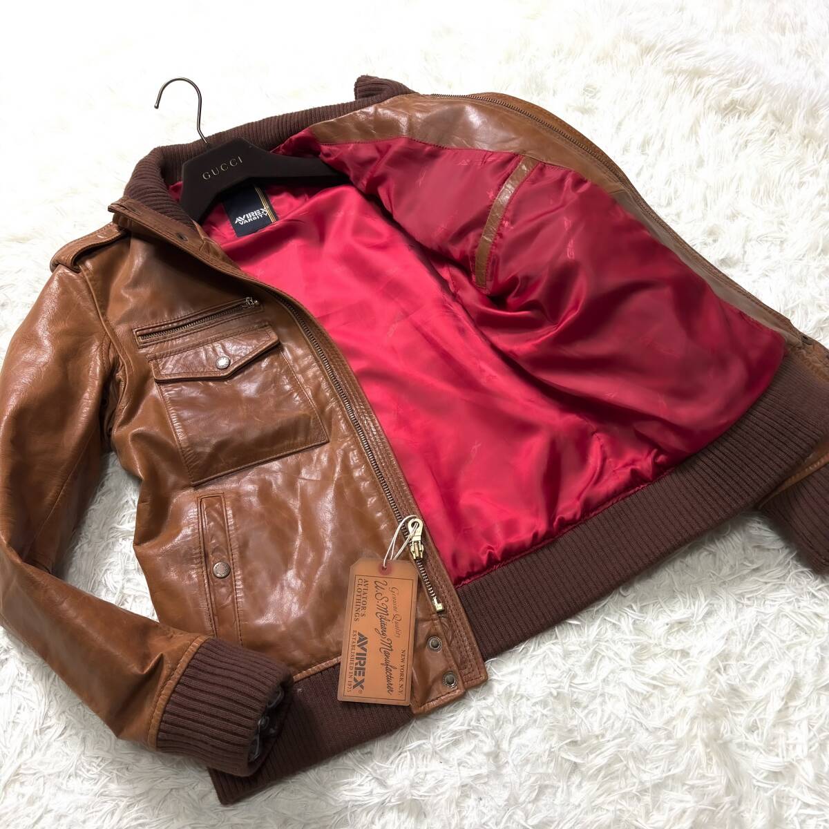 美品牛革AVIREXカウレザージャケット ボンバージャケット M-65ミリタリージャケットL~Mキャメルブラウン明茶 大きいサイズ アヴィレックス拍卖