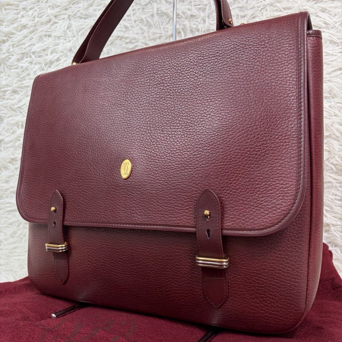 1円【新品未使用保管品】Cartier カルティエ ビジネスバッグ トートバッグ 肩掛け トリニティ 金具 A4/PC◎ レザー 本革 フラップ マスト 拍卖