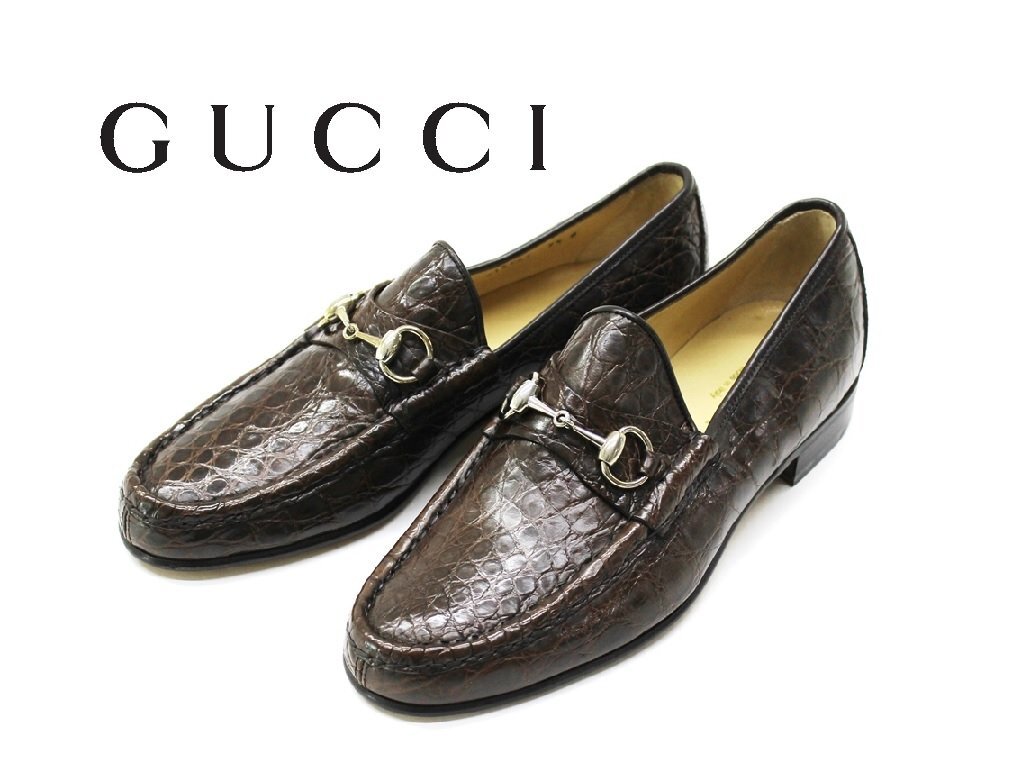 ●110万新品◆9H=28.5cm◆GUCCIグッチ ホースビット クロコダイル クラシック ドレスローファーシューズ 焦茶ブラウン 1円拍卖
