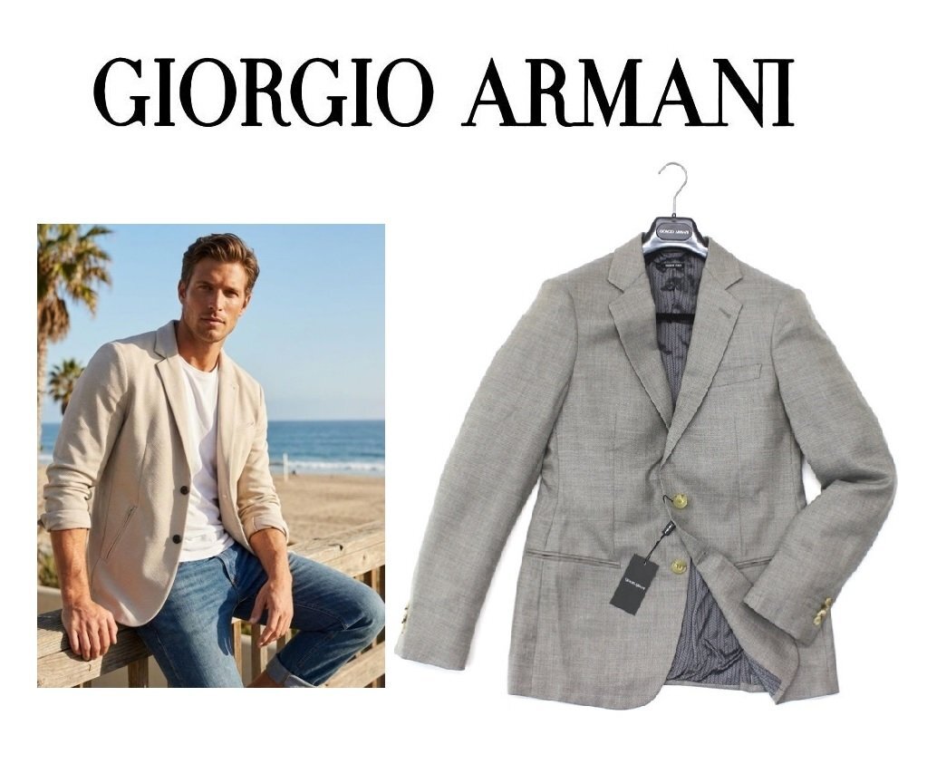 ●85万新品◆56=XXL◆GIORGIO ARMANI カシミヤシルク シングルブレストテーラードジャケット ライトベージュ薄茶 1円拍卖