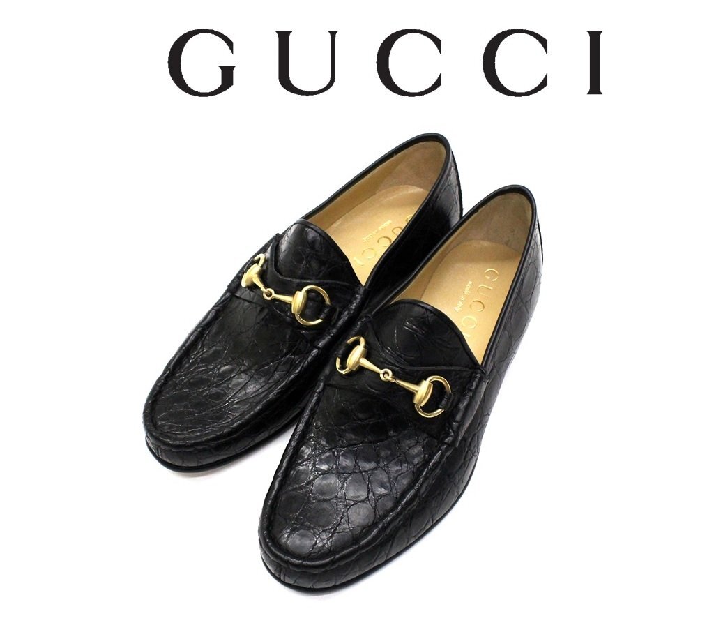 98万新品◆6H=25.5cm◆GUCCIグッチ クロコレザー ゴールドホースビットローファーシューズ 黒ブラック 1円拍卖