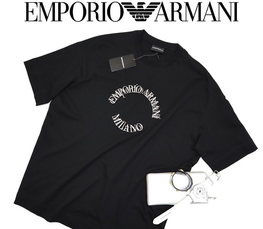 ●5万新品◆M◆EMPORIO アルマーニ サークルロゴ 薄手涼感ストレッチコットン クルーネックTシャツ黒 1円拍卖