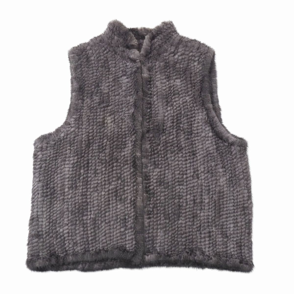 GT1200◇ミンクヤーン 編み込み ファーベスト ジレ ハーフ丈 ファーコート 毛皮べスト M-L相当 パープルグレー系拍卖