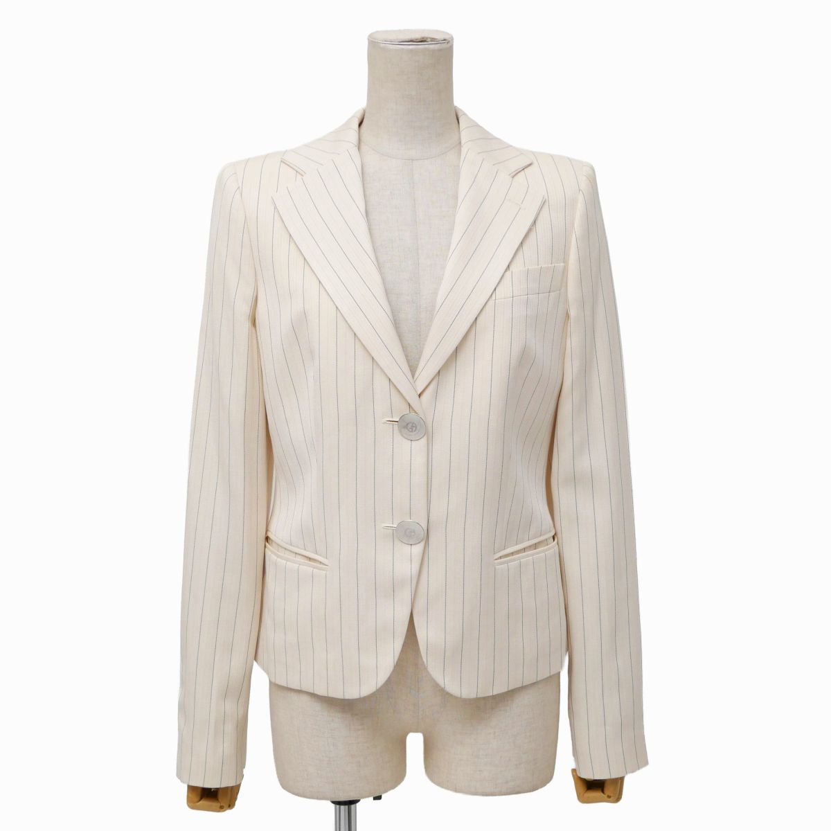 GT1986◇イタリア製 ジョルジオアルマーニ 黒タグ ウールシルク ストライプ柄 テーラードジャケット ブレザー ライトベージュ系 42/S-M相当拍卖