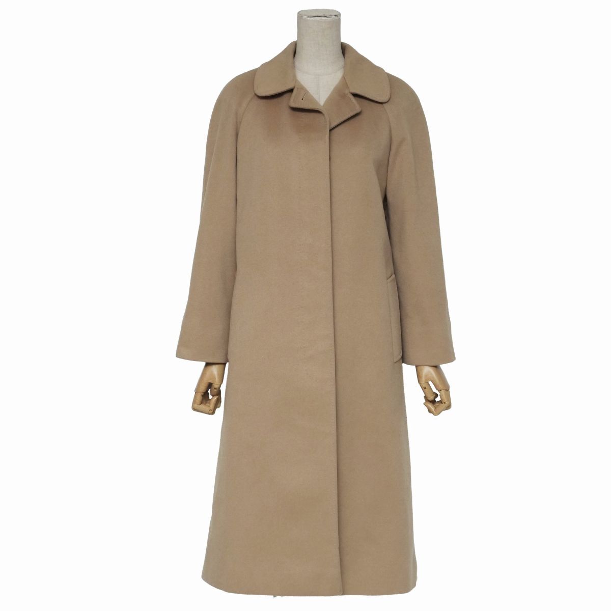 GT1373☆アクアスキュータム Aquascutum カシミヤ100% ステンカラーコート バルマカーンコート ロング 比翼仕立て ベージュ拍卖