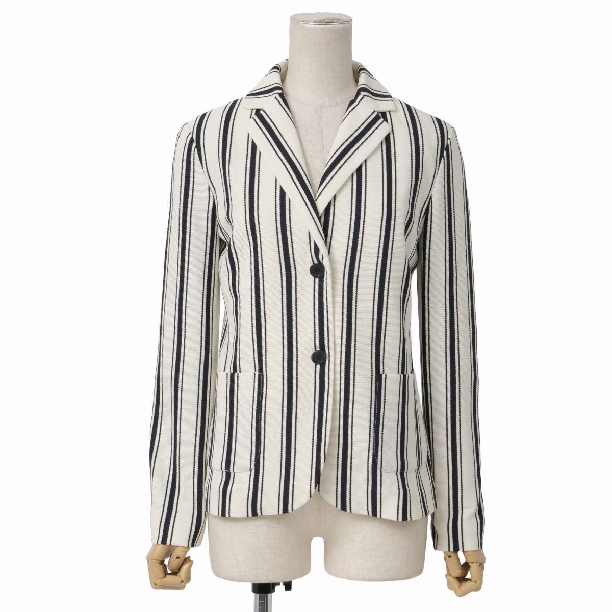 GS6657☆ウィークエンドマックスマーラ Weekend Max Mara ニット テーラードジャケット マルチストライプ柄 綿混 アイボリー×ネイビー S拍卖