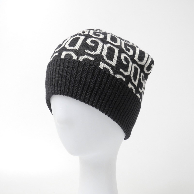 MI8044■イタリア製 DOLCE&GABBANA ドルチェ&ガッバーナ DG柄 ウール混 ビーニー ニット帽 帽子 キャップ ブラック系拍卖