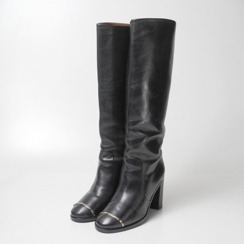 GT1346■イタリア製 CHANEL シャネル CC ココマーク レザー ロングブーツ 靴 サイズ37C 23.5-24cm相当 ブラック系 G28660拍卖