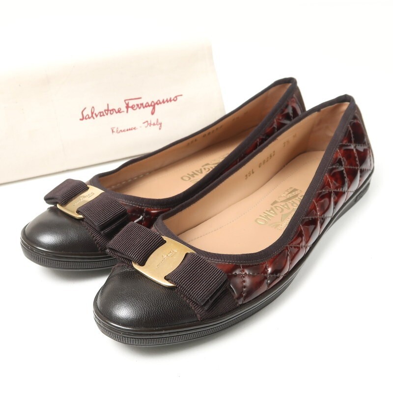 MI8525*イタリア製 サルヴァトーレフェラガモ RUFINA 7.5C(24.5cm相当) ヴァラリボン キルティングレザー バレエシューズ フラットパンプス拍卖