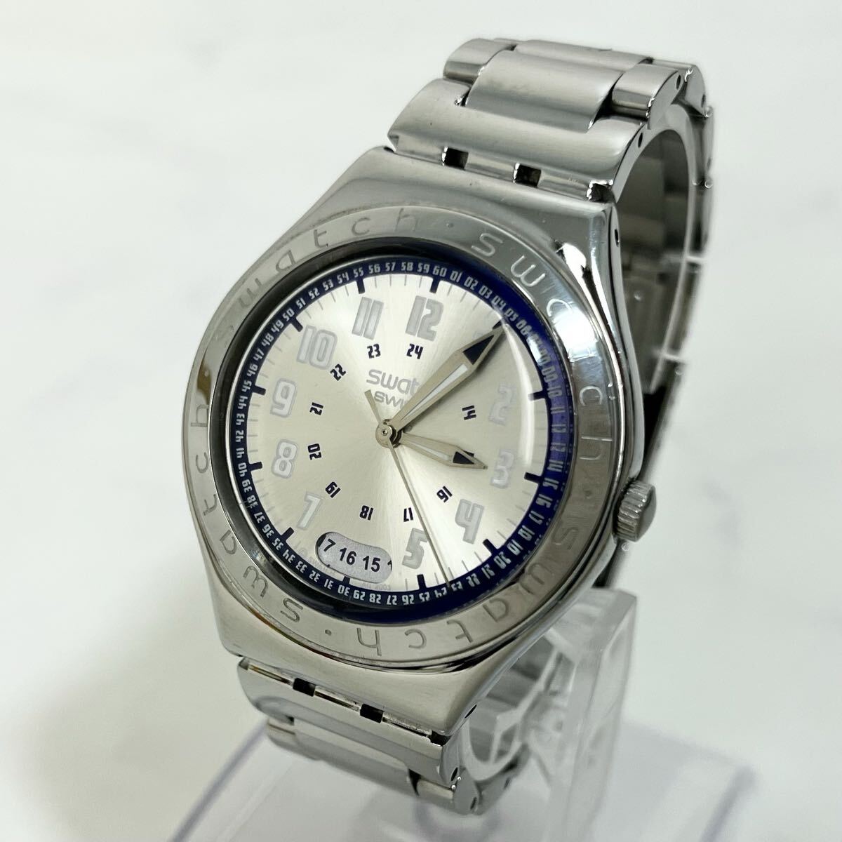 【実働】 SWATCH IRONY スウォッチ アイロニー アナログ クオーツ デイト シルバー文字盤 メタルベルト メンズ 腕時計 ウォッチ 稼動品拍卖