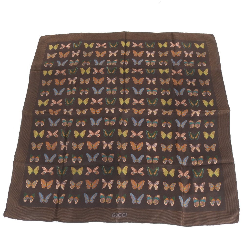 1円■極美品■グッチ■タグ付■シルク 100% スカーフ バタフライ 蝶 絹 ブラウン 茶色 スカーフ 大判 レディース EEE DQ70-3拍卖