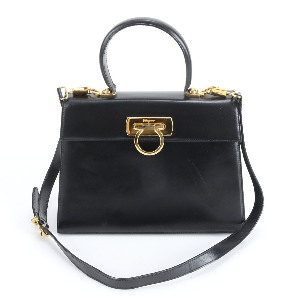 1円■美品■サルヴァトーレフェラガモ■ガンチーニ レザー 2WAY ショルダーバッグ 斜め掛け ハンド ブラック 黒 レディース EUM DR30-4拍卖